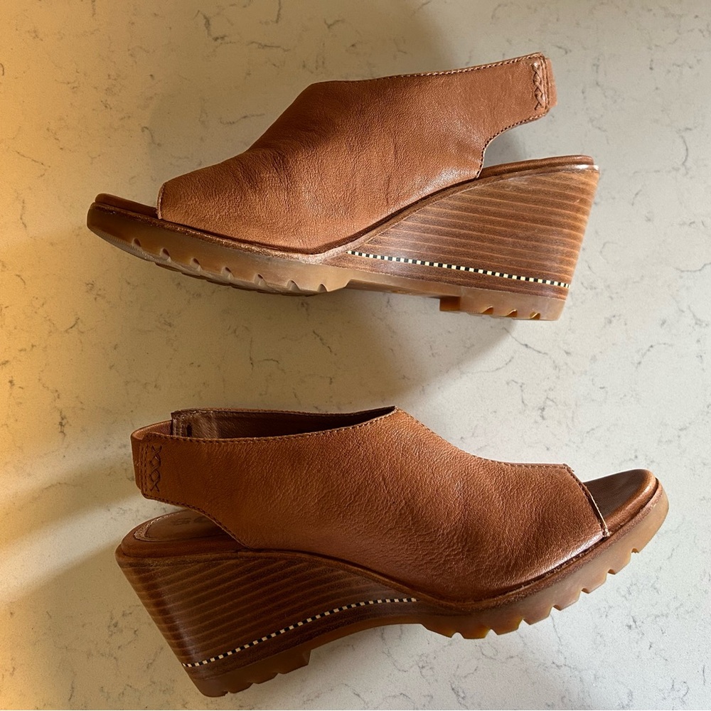 Sorel Nadia Camel Brown Leather Slingbacks Wedge Heeled Sandals - Picture 9 of 14